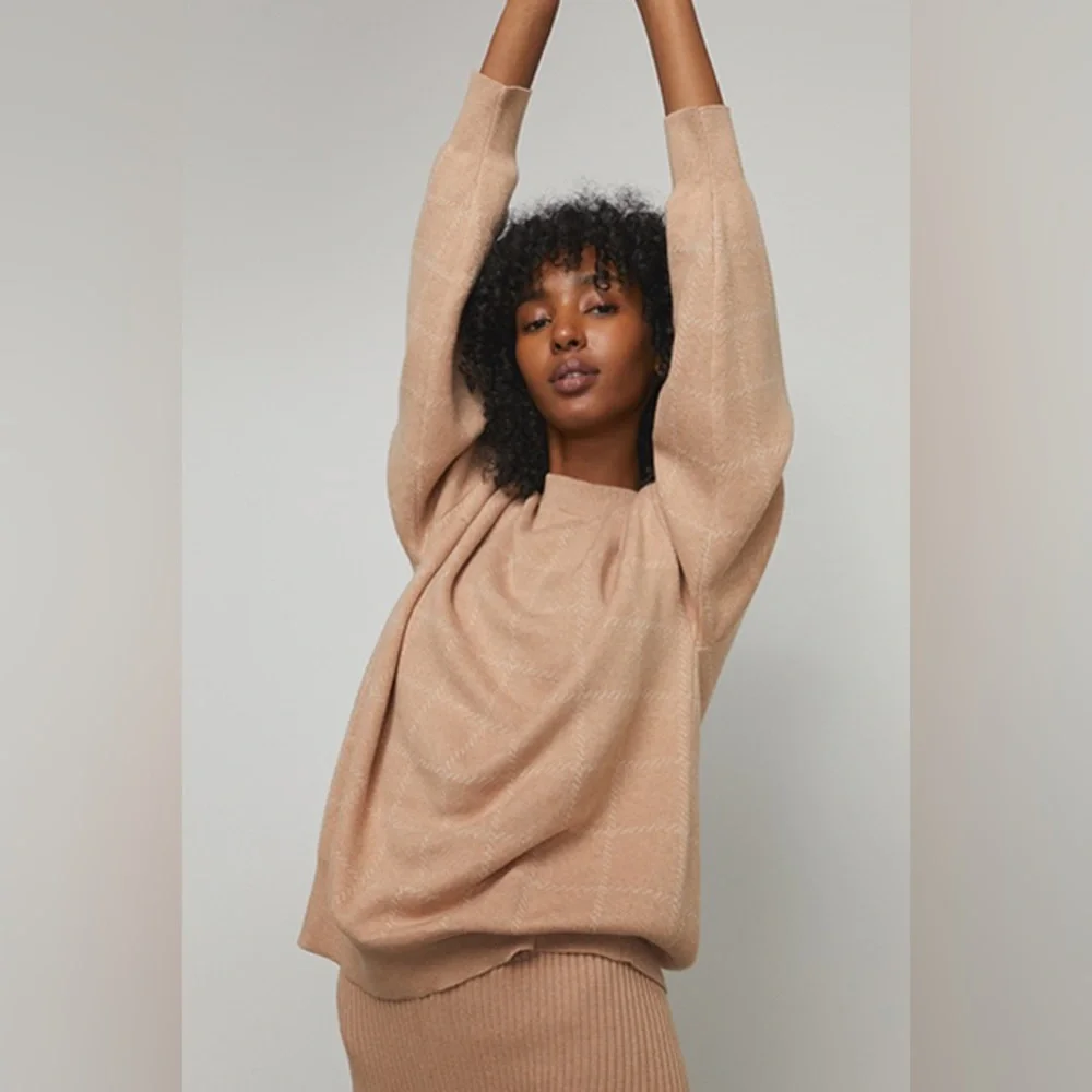 Lunya Cozy Cotton Silk Pullover Sweater Nutmeg Windowpane Tan NWT Medium NEW - Picture 4 of 10
